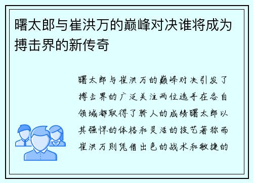 曙太郎与崔洪万的巅峰对决谁将成为搏击界的新传奇