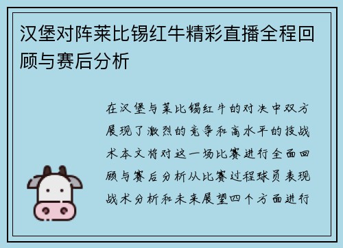 汉堡对阵莱比锡红牛精彩直播全程回顾与赛后分析